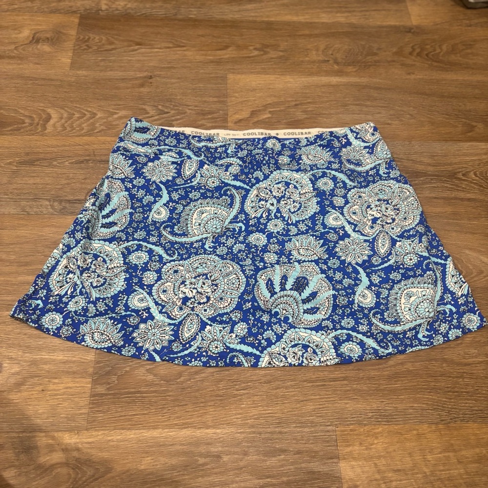Coolibar UPF 50+ Sandbar Swim Skort Blue White Paisley Athleisure 2XL